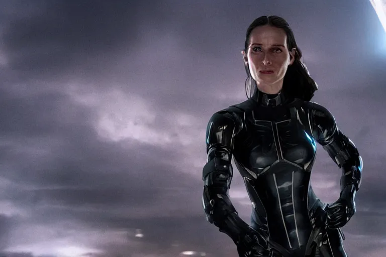 Image similar to VFX movie closeup portrait of a futuristic hero woman in black spandex armor in future city, hero pose, beautiful skin, night lighting by Emmanuel Lubezki