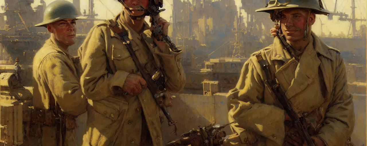 Image similar to portrait of a us soldier in shipyard dieselpunk, painting by gaston bussiere, craig mullins, j. c. leyendecker