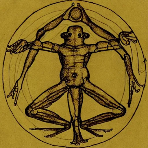 Image similar to vitruvian frog, sketch by Leonardo da Vinci