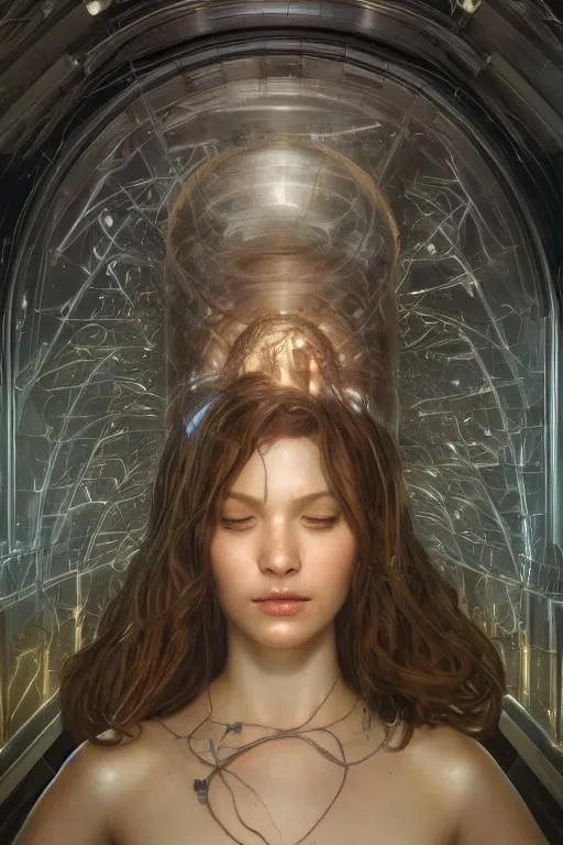 Image similar to beautiful and enigmatic artificial intelligence held captive in a remote research facility. vulnerability and innocence, ultra realistic, sharp details, subsurface scattering, intricate details, warm lighting, beautiful features, highly detailed, photorealistic, octane render, 8 k, unreal engine, art by artgerm and greg rutkowski and alphonse mucha