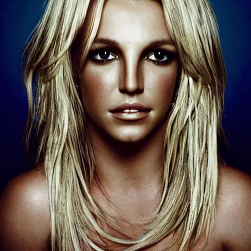 Image similar to portrait of britney spears with his hand on his face, extremely realistic and real, photorealistic, blonde hair and blue eyes, detailed facial structure, real eyes that are detailed