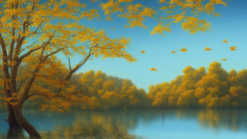 Image similar to a cinematic hyperrealism highly detailed photograph of maple tree by the lake, with petals flying in the sky, reflection on the lake, sunshine, by christophe vacher, trending on artstation, 4 k hd wallpaper premium prints available.