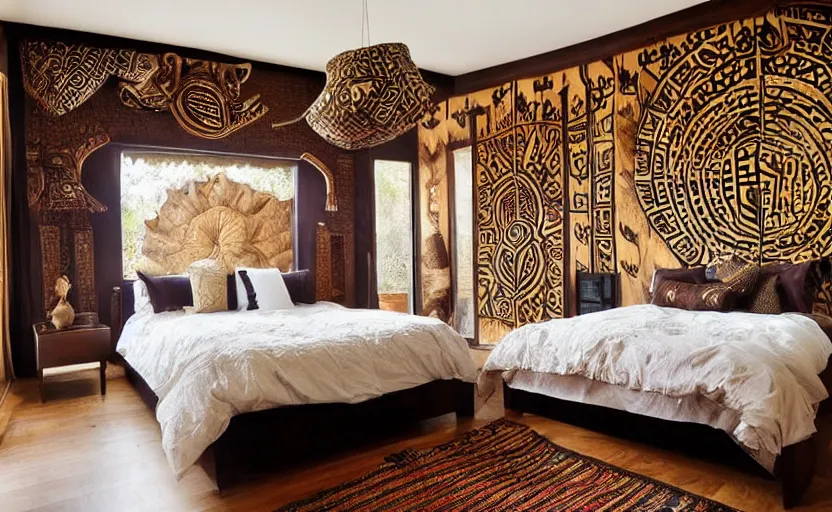 Image similar to an african themed luxurious bedroom, dark brown walls, wooden tribal masks on the wall, king size bed, beige, dark colors, artificial waterfall on the wall, chique, luxurious, elegant, walnut wood, cinnamon, tribal art, patterns, modernist, oriental