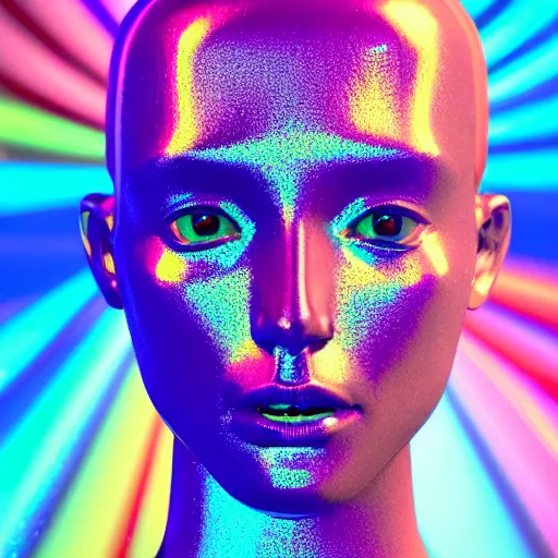 Image similar to 3d render of holographic human robotic head made of glossy iridescent, surrealistic 3d illustration of a human face non-binary, non binary model, 3d model human, cryengine, made of holographic texture, holographic material, holographic rainbow, concept of cyborg and artificial intelligence