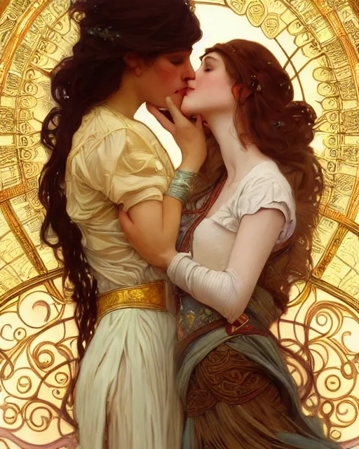 Prompt: the kiss | highly detailed | very intricate | art nouveau | gold filigree | romantic storybook fantasy | soft cinematic lighting | award - winning | painted by mandy jurgens and alphonse mucha and alena aenami | pastel color palette | featured on artstation