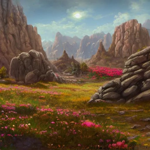 Image similar to a matte painting of the wild west, patchy flowers and rocks, oil painting, pale colors, high detail, 8 k, wide angle, trending on artstation,