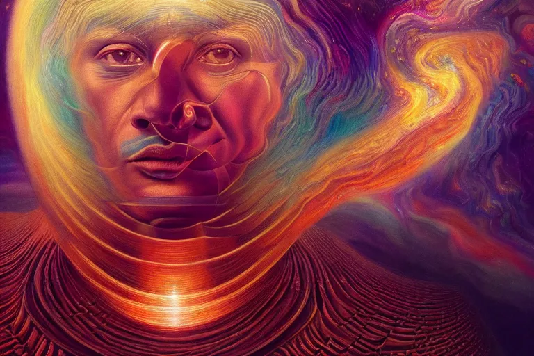 Image similar to surreal Portrait of The God who made the world and everything in it who is the Lord of heaven and earth and does not live in temples built by hands in dmt chromatic surreal liquid enviroment , elegant, highly detailed, smooth, photoreal, sharp focus, illustration, beautiful, geometric, dmt trending on artstation, cinematic, artwork by WLOP