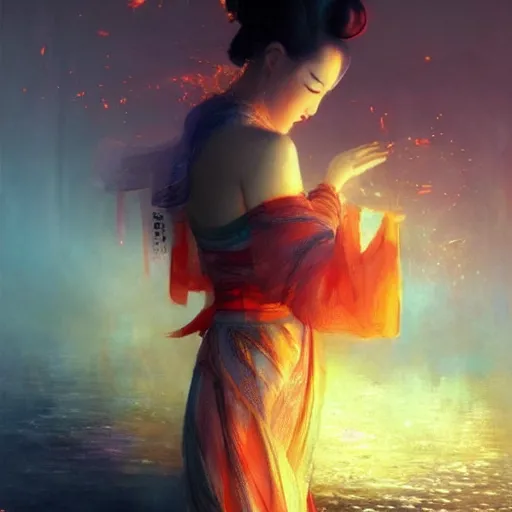 Prompt: beautiful geisha flying over a lake filed with molten gold, volume lighting, concept art, by greg rutkowski, dramatic, xray melting colors!!