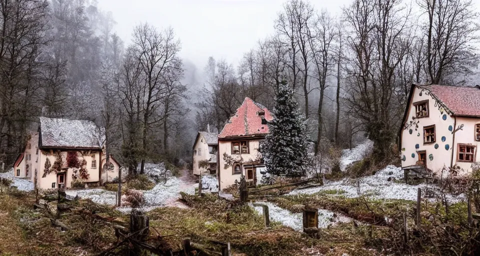 Image similar to an eerie abandoned village in the black forest decorated with christmas lights