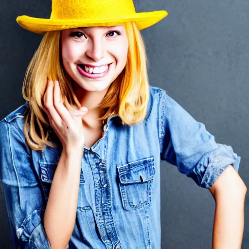 Prompt: portrait of a smiling 2 5 - year - old french woman with 9 0 degree nails pretty face, perfect large eye, medium yellow blond hair, character with a hat, hair comes out of the hat a little