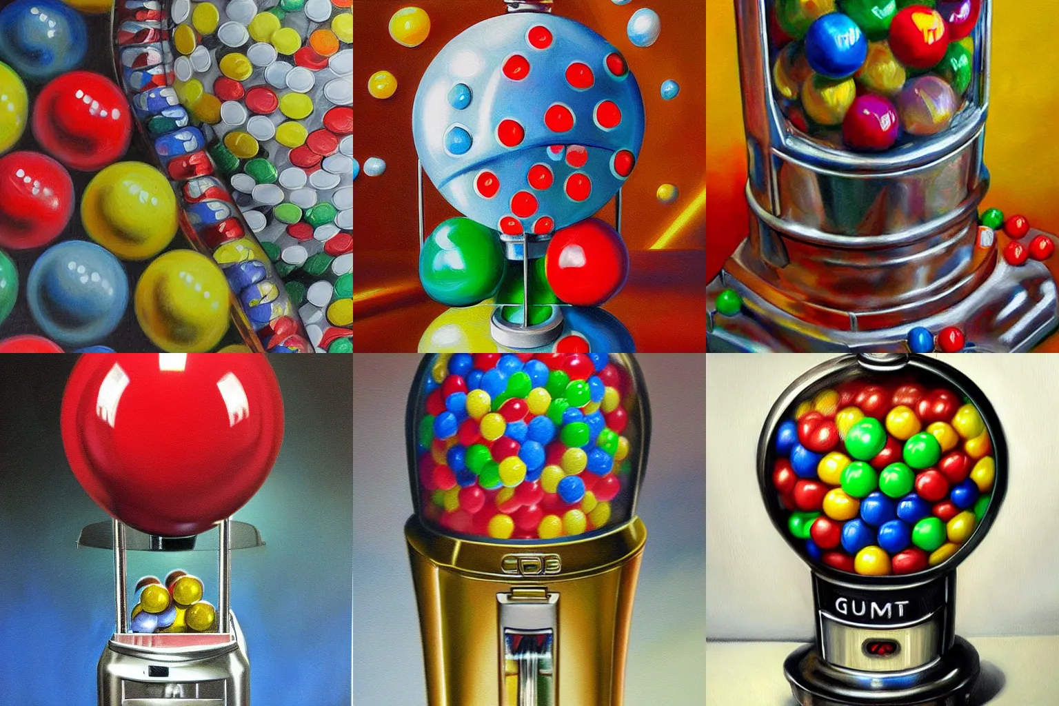 Prompt: close-up of gumball machine, photorealistic painting by Ralph Goings, highly detailed