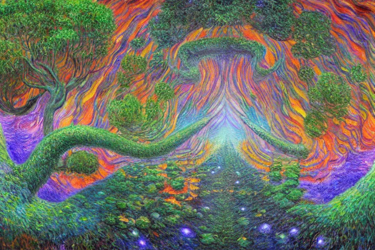 Image similar to photorealistic 🌲🌌 by pedro correa, monet, android jones, alex grey, chris dyer, and aaron brooks