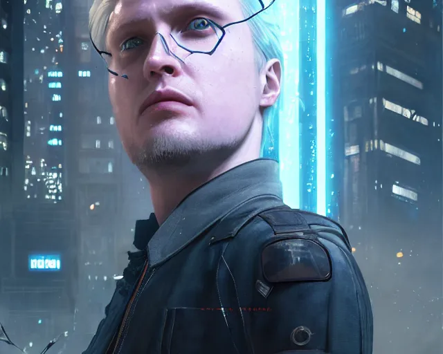 Image similar to highly detailed portrait of michael pitt as an evil android, in detroit : become human, stephen bliss, unreal engine, fantasy art by greg rutkowski, loish, rhads, ferdinand knab, makoto shinkai and lois van baarle, ilya kuvshinov, rossdraws, tom bagshaw, global illumination, radiant light, detailed and intricate environment