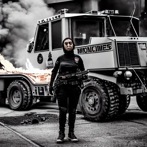 Image similar to Candid extreme wide shot of a poor techwear mixed woman with short hair and tattoos outside of a futuristic Los Angeles on fire, a police MRAP on fire, cyberpunk, 4k, extreme long shot, desaturated, full shot, action shot, motion blur, depth of field, sigma 85mm f/1.4, high resolution, 4k, 8k, hd, full color, award winning photography, war photography