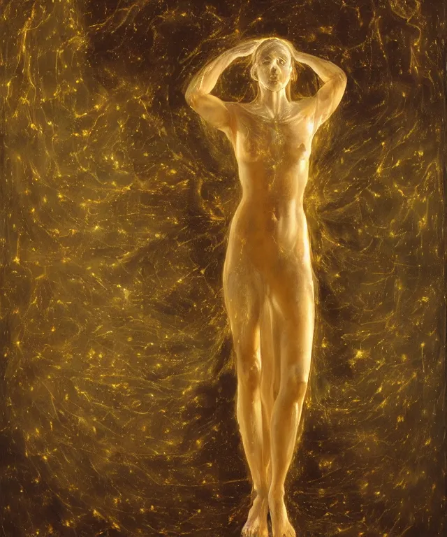 Image similar to Beautiful full-body wax sculpture of a glowing clothed transparent Greek goddess in a glowing dress with visible gold bones covered with melted white wax inside the singularity where stars becoming baroque folds of dark matter by Michelangelo da Caravaggio, Nicola Samori, William Blake, Alex Grey and Beksinski, dramatic volumetric lighting, highly detailed oil painting, 8k, masterpiece