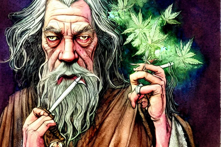 Image similar to a realistic and atmospheric watercolour fantasy character concept art portrait of gandalf with pink eyes lying on his back looking happy and confused and smoking weed out of his pipe with a pot leaf nearby, by rebecca guay, michael kaluta, charles vess and jean moebius giraud