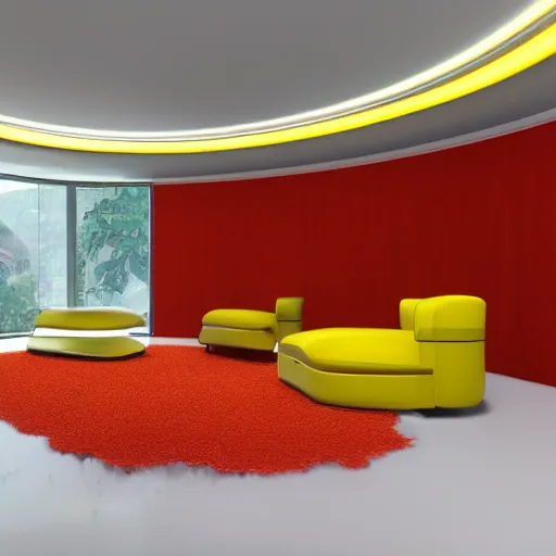 Image similar to 1970's futurist interior living space, furnished by aero aarino, primary colors are white, orange, yellow, and red unreal engine 8k resolution