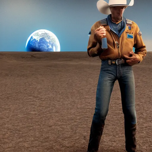 Image similar to apollo 8 cowboy earthrise cowboy in cowboy space, octane render, blender render, unreal engine, 3 5 mm, cowboy, with earth in rising in the sky in the background