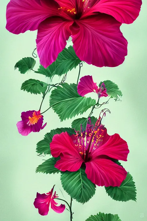 Image similar to beautiful digital matter cinematic painting of whimsical botanical illustration of hibiscus whimsical by greg rutkowki artstation