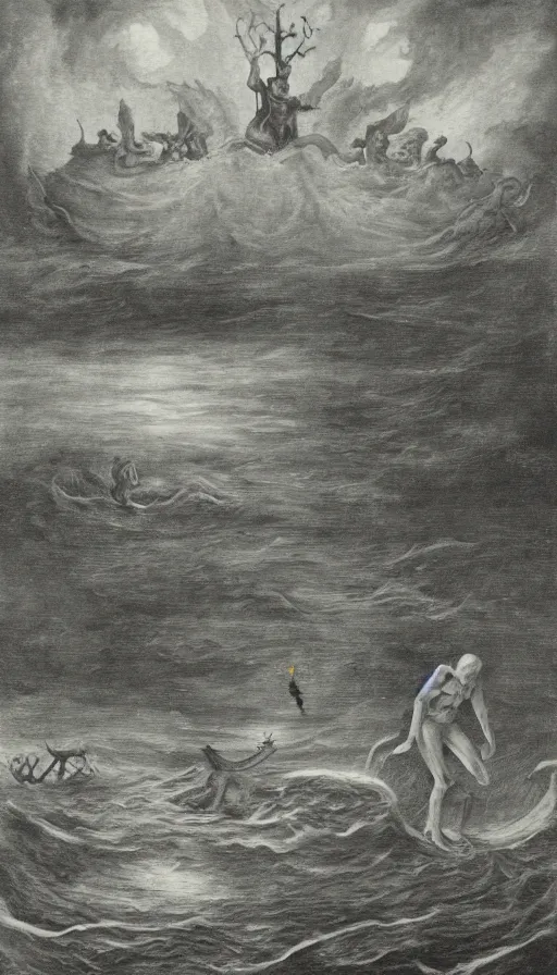 Prompt: man on boat crossing a body of water in hell with creatures in the water, sea of souls, by schizophrenia patient