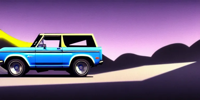 Image similar to a cinematic keyframe matte painting of a sleek 1 9 7 0 s vaporwave concept vehicle retro - futurism sci - fi skey blue ford bronco car in an open garage in the colorado, view from the street. in the moonlight. rocky mountains. by eric lafforgue, glennray tutor and edward hopper, greg rutkowski. trending on artstation.