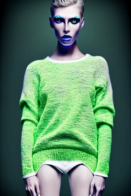 Image similar to stylish pullover for a rave bright colors, many details, photo for a magazine, photo for a store, fashion photography, Vogue, cinematic, hyper realism, high detail, 8k, very coherent symmetrical work, perfect face model, full length photo, Upper and lower body, white eyes, photographer style by Nik Night Erik Madigan Hec and Walter Chin and Camilla Akrans and Miles Aldridge