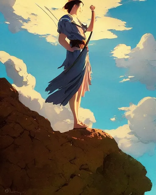 Prompt: a female anthropomorphic eagle warrior standing heroically on a rock. trees. atmospheric lighting, stunning, brave. Eagle girl. by studio ghibli painting, clouds, wide angle , low-angle shot, by Joaquin Sorolla rhads Leyendecker, by Ohara Koson and Thomas Kinkade, traditional Japanese colors, superior quality, masterpiece