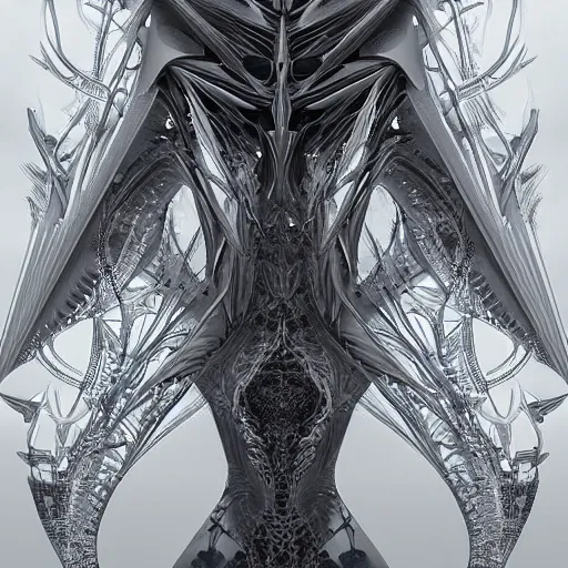 Image similar to cyberpunk noir by zaha hadid, iris van herpen and rick owens. highly detailed, hyper - real, very beautiful, intricate fractal details, very complex, opulent, epic, mysterious, polished, futuristic design, trending on deviantart and artstation