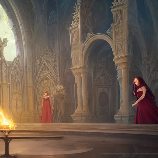 Image similar to an beautiful and detailed matte painting of a lesbian wedding between evil pyromancer and a vampire red mage, unholy union, white church background, god rays, sharp focus, highly detailed, cinematic lighting, studio quality, colorful, smooth render, vector illustration, award winning, by artgerm, greg rutkowski, alphonse mucha