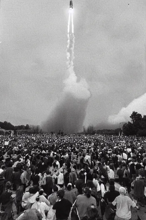 Image similar to photograph of a 1 9 9 0 s era rocket launching and leaving huge plumes of smoke, large crowds of people watching in astonishment, cinematic, night, rain