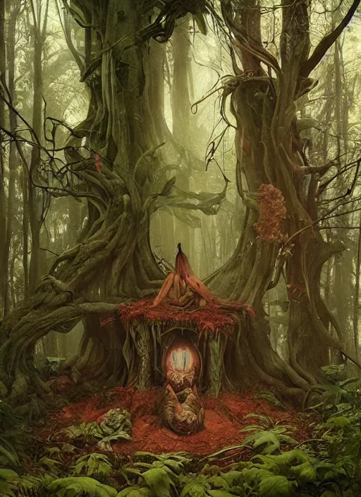 Image similar to a hyper realistic witch shrine in the woods gorgeous lighting, lush forest foliage painting by chiara bautista and beksinski and norman rockwell and greg rutkowski weta studio, and lucasfilm