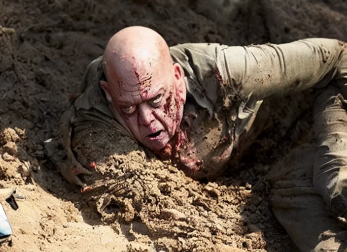 Image similar to zombie hank schrader emerging from a grave, movie still