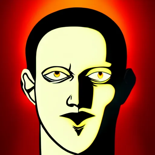 Prompt: solid glowing eyes, digital portrait of Mark zuckerburg face with solid glowing eyes, cover art of graphic novel, evil laugh, menacing, Machiavellian puppetmaster, villain, simple style, solid colors, clean lines, clean ink, trending on artstation