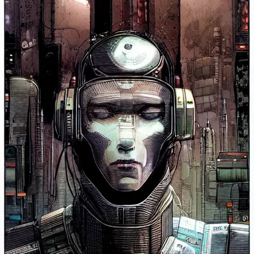 Image similar to Digital portrait of a cyborg from Ghost in the machine by Enki bilal and Moebius and francois Schuiten, cyberpunk, impressive perspective, aesthetic, masterpiece