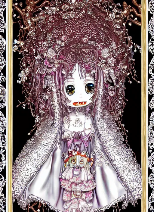 Image similar to baroque bedazzled gothic royalty frames surrounding a pixelsort emo demonic horrorcore japanese beautiful early computer graphics automaton doll, by guro manga artist Shintaro Kago