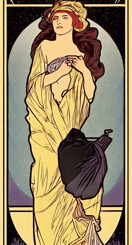 Prompt: a tarot card that depicts a person carrying a hobo sack walking off a cliff, illustrated in an art deco style by tamara de lempika and an elegant border by alphonse mucha. | studio lighting | digital painting, stunning lighting, trending on artstation