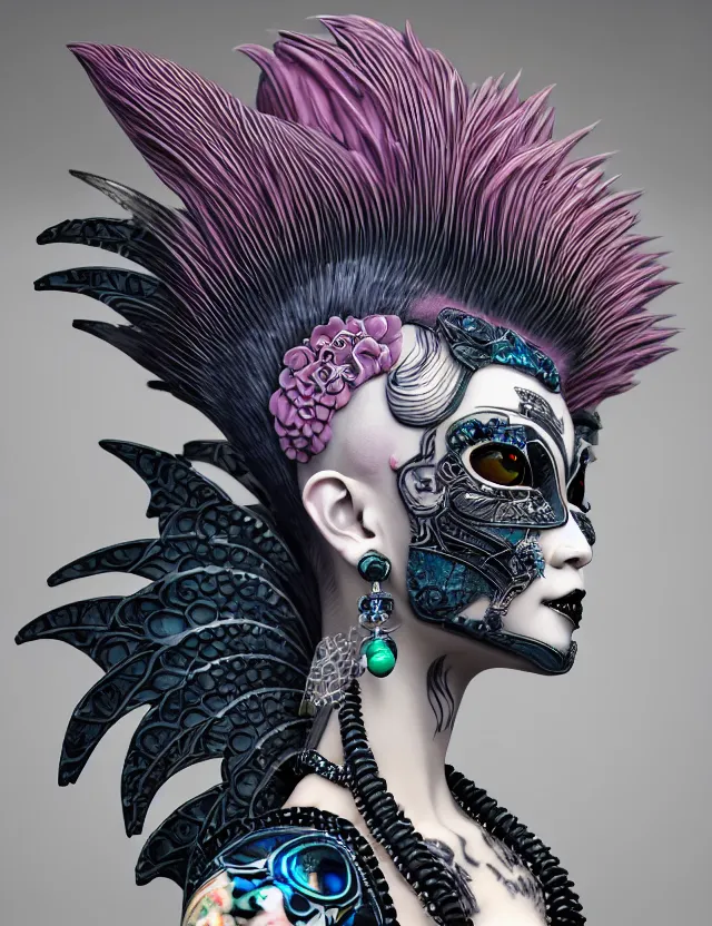 Image similar to 3 d goddess close - up profile portrait punk with mohawk with ram skull. beautiful intricately detailed japanese crow kitsune mask and clasical japanese kimono. betta fish, jellyfish phoenix, bio luminescent, plasma, ice, water, wind, creature, artwork by tooth wu and wlop and beeple and greg rutkowski