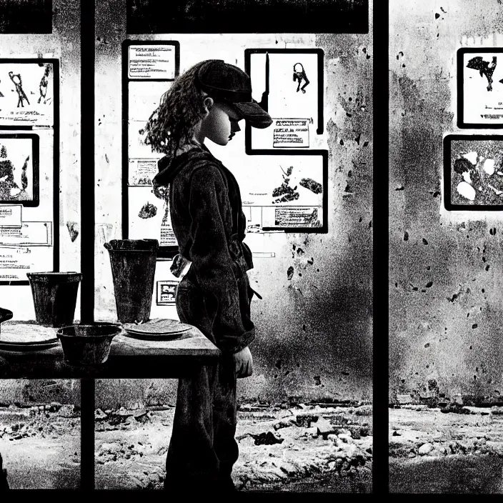 Image similar to sadie sink as a coal miner : eats bread at a table. inside a dirty automated kiosk. bright tasty food options displayed on a wall. black tiles on walls. black and white, pencil and ink. by gabriel hardman, joe alves, chris bonura. cinematic atmosphere, detailed and intricate, perfect anatomy