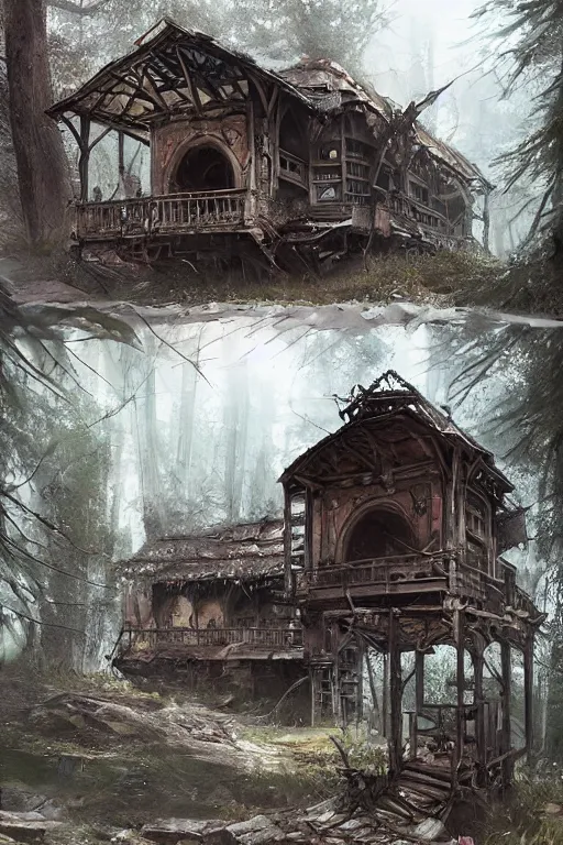 Prompt: a ramshackle multistory hut in the woods, well armored, intricate, elegant, fantasy, highly detailed, digital painting, concept art, sharp focus, illustration, artstation, art by artgerm and greg rutkowski