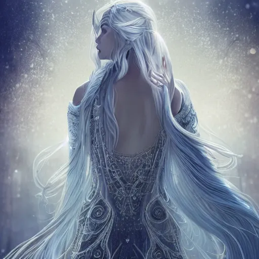 Image similar to an elven woman with long, silver hair cascading down her back. she has delicate, angular features and piercing blue eyes. she's clad in a flowing white dress with intricate silver embroidery, dynamic lighting, photorealistic fantasy concept art, trending on art station, stunning visuals, creative cinematic, ultra detailed