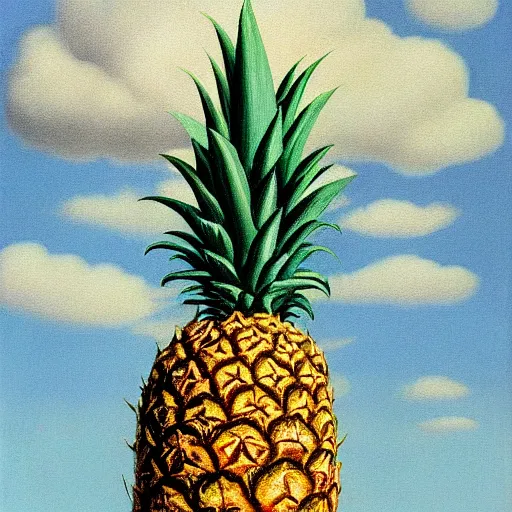 Image similar to the son of man but with a pineapple, painting by rene magritte, high detail, high resolution