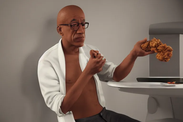 Prompt: shirtless gus fring from breaking bad offering fried chicken. ultra-detailed, 8k, octane render