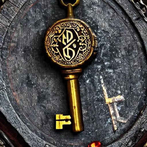 Image similar to a large ornate key with gems and engraved runes, on a rough wooden dungeon table, very dark, d & d, underexposed macro photo