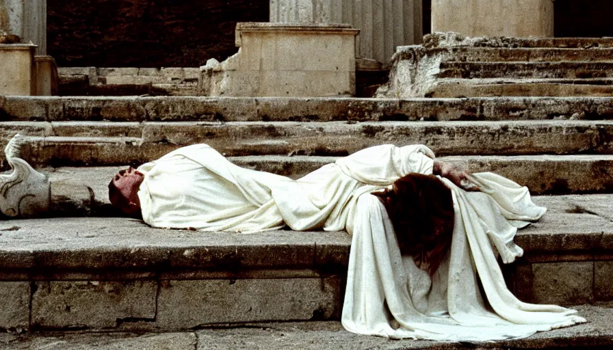 Image similar to 1 9 6 0 s movie still close - up of caligula in a white toga dead on the ancient amphitheater's stairs on a blood flaque, cinestill 8 0 0 t 3 5 mm, high quality, heavy grain, high detail, dramatic light, anamorphic, blood