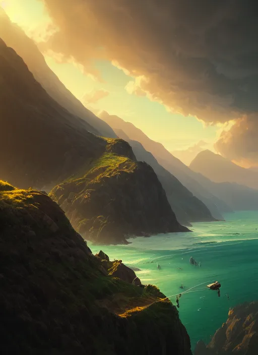 Image similar to nature landscape, aerial view, drone photography, cinematic, mountains and ocean, cinematic view, epic sky, detailed, concept art, low angle, high detail, warm lighting, volumetric, godrays, vivid, beautiful, trending on artstation, by jordan grimmer, huge scene, art greg rutkowski