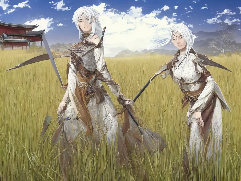 Image similar to an elven samurai women with white hair, standing in front of a field of wheat and a small house in the japanese countryside. anime artstyle from artstation trending.