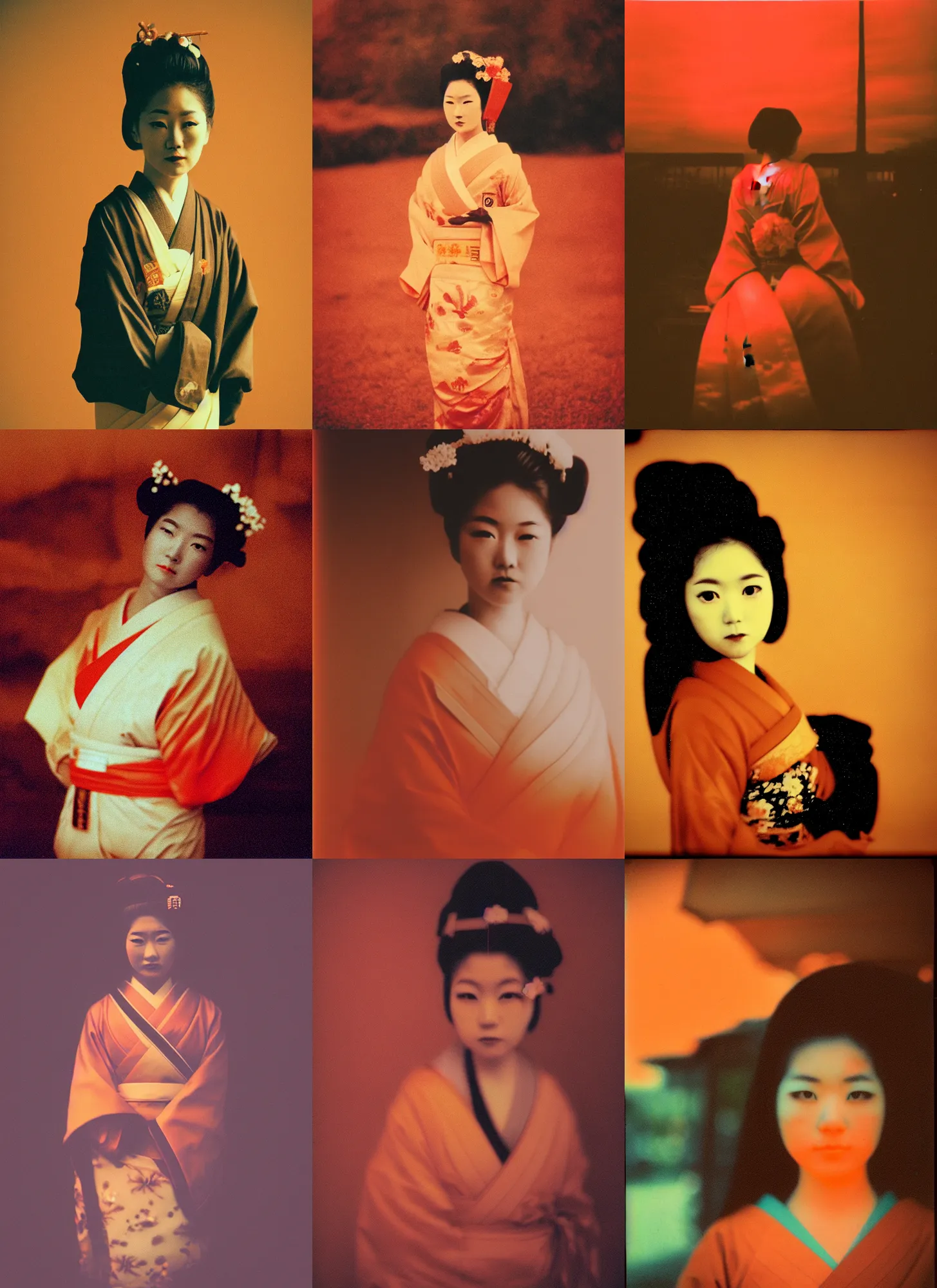 Prompt: Portrait Photograph of a Japanese Geisha Lomography Redscale 120