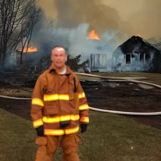 Image similar to a photo of a house burning down in the background and a person with an eerie expression and glowing eyes in the foreground, strong depth of field