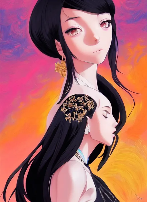 Prompt: a beautiful girl with black hair in 2020's fashion, ballroom background, intricate, highly detailed, digital painting, artstation, official media, anime key visual, concept art, rich vivid colors, ambient lighting, sharp focus, illustration, art by Artgerm, Makoto Shinkai, Ilya Kuvshinov, Lois Van Baarle, and Rossdraws