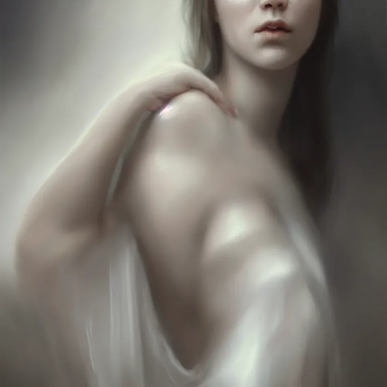 Image similar to a wonderful realistic portrait of a lonely woman with a detailed wonderful face who is dressed with a wonderful, majestic, large semi transparent white cotton dress, accent white lighting, dramatic light, octane render by roberto ferri, fantasy art, photo realistic, dynamic lighting, unreal engine rendered, artstation, poster, dramatic light, - 8 k, award winning